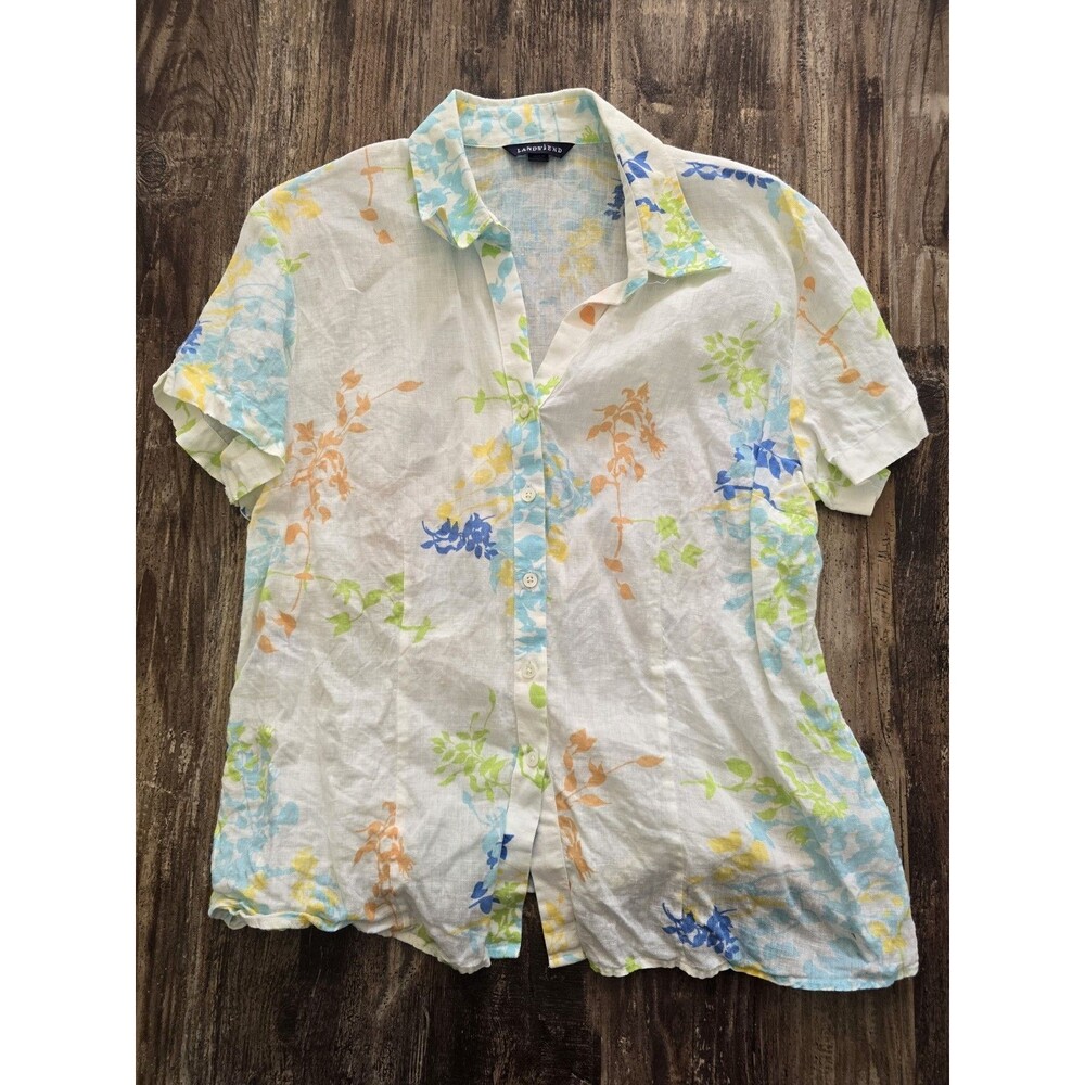 Lands' End Womens Top Large 100% Linen Button Up Shirt Short Sleeve Floral